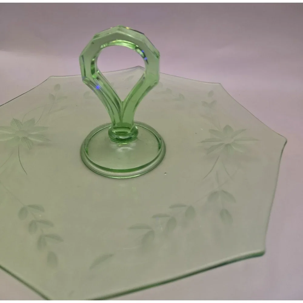 VTG Uranium Platter Glossy Depression Glass  Center Handle Octagon Floral Etched